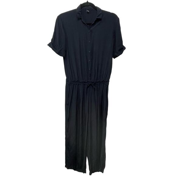 European Culture Button Front Wide Leg Jumpsuit Short Sleeve Collared Black S - Picture 1 of 14